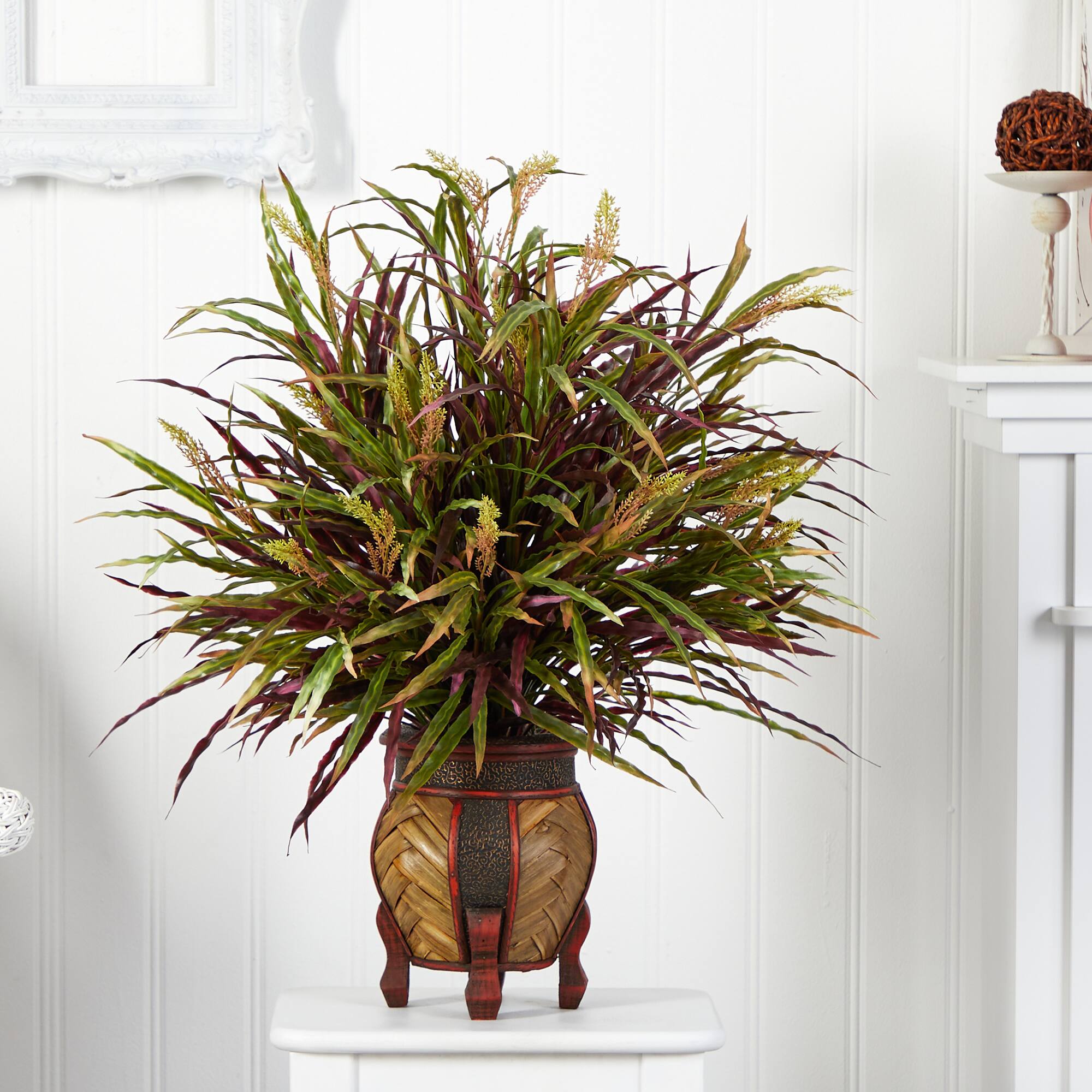 2.5ft. Red & Green Autumn Grass Arrangement in Woven Vase